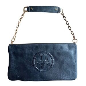 $398 TORY‎ BURCH Bomb Reva Blk Leather Clutch Designer Handbag Purse w/Strap EUC